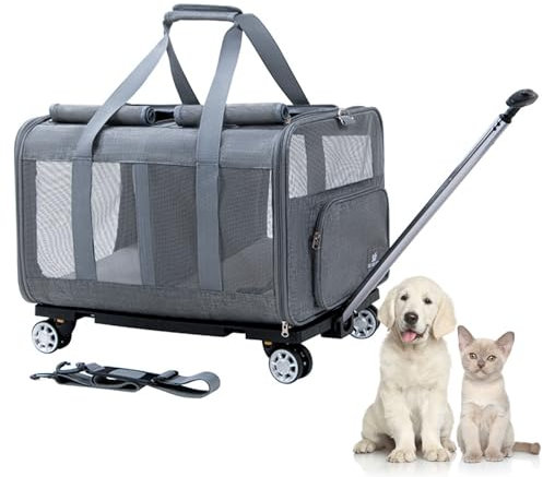 RUYICZB Katzentransportbox, Transportbox Hund Mit Abnehmbarer Stangenplattform Und Verbesserten Rädern, Faltbare Haustier-Reisetragetasche Transporttasche Mit Räder 2 Katzen,Dark Gray