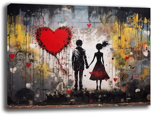 Quadro Moderno Uomo Donna CUORE AMORE banksy Street Art Quadri moderni soggiorno da Parete XXL grande Stampa su tela Canvas Decorazione Murale muro Arredo Camera da letto Cucina (1, 30x40 cm)