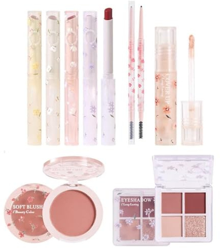 Xiixuuj Juego de Maquillaje Coreano, 8 Piezas, Todo en 1, Set de Regalo para Mujeres, Incluye lápiz Labial, Colorete, Paleta de Sombras de Ojos, lápiz de Cejas y lápiz Corrector para Principiantes