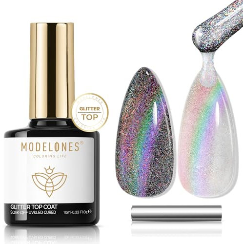 Modelones Glitzer Top Coat Gel UV Nagellack 10ML No Wipe Magnetisch Cat Eye Magnet Überlack für Gelnägel Polygel Builder Gel Nail Art Maniküre Nageldesign