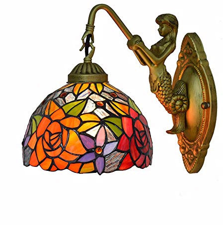 8 inch Tiffany Style Wall Lights Rose Flower Stained Glass Wall Lamp Personality Mermaid Design Handmade Dome Shade Bracket Wall Sconce fitting for Bedroom Living Room Dining Hallway Aisle Corridor
