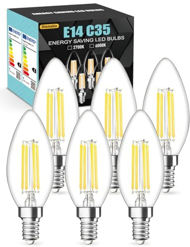 tuare E14 LED Light Bulb Dimmable, 4W 550 Lumens E14 LED Light Bulb Cool White Dimmable 6000K, 40W Equivalent SES Small Edison Screw Light Bulbs, CRI 80 Candle Bulb, 6 Count