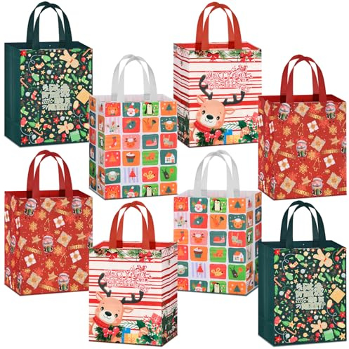 AhfuLife 8 Stück Geschenktüten Weihnachten, 21 * 26 * 12cm Non Woven Weihnachtstaschen Weihnachtstüten Geschenktaschen mit Griffen, Wiederverwendbare Weihnachtsgeschenktüten, Weihnachts Geschenktüten
