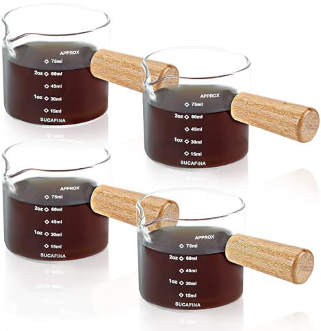 4 Pezzi Tazza da Caffè con Manico in Legno, Bicchiere Dosatore per Espresso con Doppio Beccuccio Graduazione, Bicchiere per Caffè Espresso Bicchierino per Caffè Espresso Latte Salsa