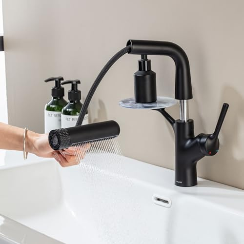 LakeBayMZC Waschtischarmatur mit herausziehbarer Brause Wasserhahn Bad,Einhebelmischer Badarmatur Waschtischarmatur für Aufsatzwaschbecken mit 6 WasserstrahlartenBrause ausziehhar,Schwarz Matt