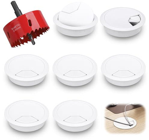 Teokantz 8 PCS Desk Grommet 80mm with Metal Hole Saw, Desk Cable Hole Cover White, Round Plastic Desk Cable Grommet, White Cable Grommets for Management Holes Office and Home Computer Desk Wires
