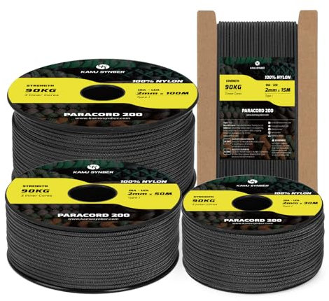 Kamu Synber Paracord 2mm 15M Seil 100% Nylon Schnur mit 3 Kern Reißfeste Typ I für Basteln, Outdoor, DIY, Camping | Tragkraft 90kg | Schwarz