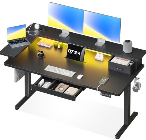 OffiGo Höhenverstellbarer Schreibtisch,Einteilige Tischplatte,140 x 60cm Elektrischer Stehschreibtisch mit L-Monitorhalterung, Schreibtisch mit Schublade, Stehschreibtisch mit USB-Buchse Computertisch