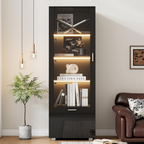 OCACA Schwarze Hochglanzvitrinen mit Glastüren, LED-beleuchtete Glasvitrinen, Vitrinen für Sammlerstücke, Parfümschränke, Bücherregale und Glasvitrinen mit schwarzen Hochglanztüren (3 Fachböden)
