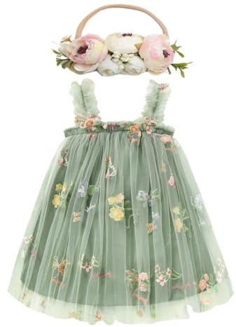 Momkonzz Toddler Baby Girl Tutu Dress Infant Tulle Flower Dresses Little Girls Sleeveless Birthday Wedding Sundress with Flower Headband (Green, 2-3T