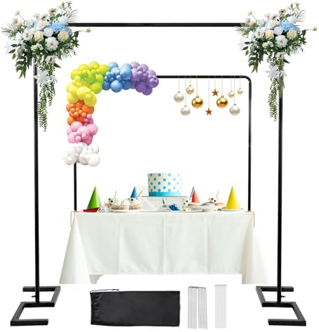 Square Backdrop Stand, 8.2FT Black Wedding Arch, Heavy Duty Balloon Arch Stand, Over The Table Rod Stand with Clamps, Adjustable Photo Booth Background, Backdrop Frame for Valentines Day Party