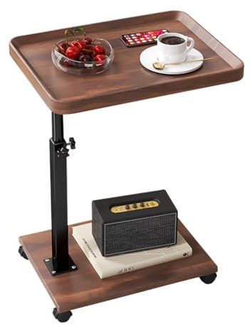 PortoAlegre Tavolino con ruote, regolabile in altezza, 45-80 cm, tavolino a forma di C, in legno, girevole a 360°, finitura noce, per soggiorno, camera da letto e piccoli spazi