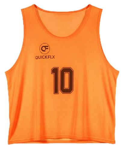QUICKFLX Set di gilet da allenamento – 10 canottiere da calcio con numeri (1-10) per bambini e adulti – maglie traspiranti con carta di arbitro, Colore: arancione., Erwachsene (L)