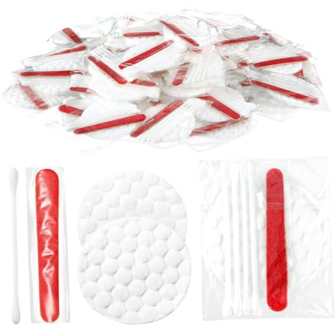 100Pcs Hotel Vanity Set, Individually Wrapped Hotel Amenities Bulk, Disposable Hygiene Kit with Cotton Pads, Cotton Swabs, Nail File for Hotels Makeup Toiletries, Travel Cleaning Kit for Hotels