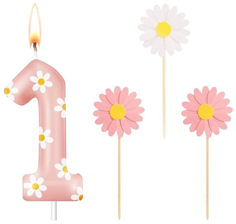 DazzJoy Gänseblümchen Geburtstagskerzen Zahlen 1, Gänseblümchen Kerze 1. Geburtstag Mädchen Junge Deko, Geburtstagskerze 1 Jahr Mädchen, Tortendeko 1 Geburtstag, Zahlenkerze 1 Rosa(ca.8,5cm)