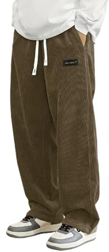 Pantalon Velours Côtelé Homme Baggy Taille Elastique Couleur Unie Pantalons Cargo avec Poches Décontracté Pantalons de Travail Jambes Larges Ample d'extérieur Jogging Pantalon Baggy (01 Brown, M)