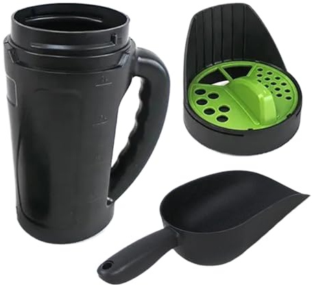 Spandiconcime portatile – 2,5 L dispenser regolabile per frullati, shaker multi foro per prati, applicatore per ghiaccio e neve con pala, spargitore manuale per piccoli giardini semina di precisione