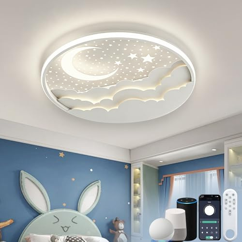 AHXIAOZN LED Deckenleuchte Kinder Kompatibel mit Alexa, Smart Stern Mond Deckenlampe, Dimmbar Deckenbeleuchtung Kinder mit Fernbedienung mit Nachtlichtfunktion für Junge Mädchen Schlafzimmer, Timer