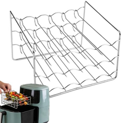 Air Fryer Grill Rack - 3 Layer Stainless Steel Square Stand, Multi-Tier Dehydrator Rack | Stackable Oven Baking Accessory | Universal Convection Fryer Tray, Meat Skewer Barbecue Cooling Grid Shelf