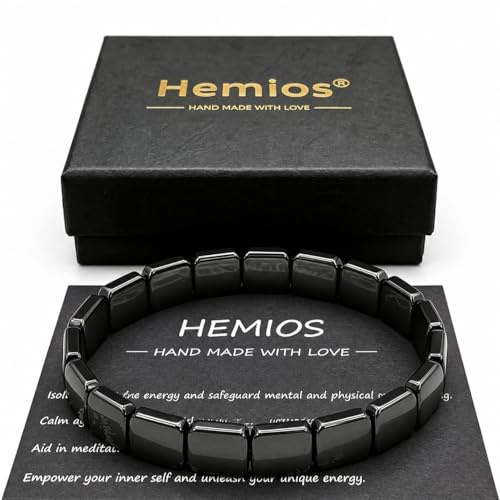 Hemios® Hematite Bracelet Men for Daily Focus, Business and Gym Wear, Black Stone Stretch Bracelet for Men, Meaningful Gift for Him (Rectangular)