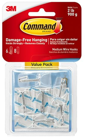 Command Wire Toggle Medium Hook, Pack of 6 Hooks and 8 Adhesive Strips, Transparent - Damage Free Hanging - Holds up to 900g