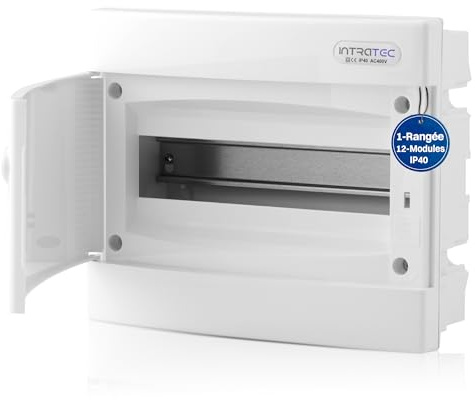 Intratec Sicherungskasten Unterputz 1 reihig – Unterputz Verteilerkasten IP40 für 12 Module mit weißer Tür und Hutschiene für einfache Elektroinstallation Zuhause & Gewerbe – 232 x 283 x 106mm