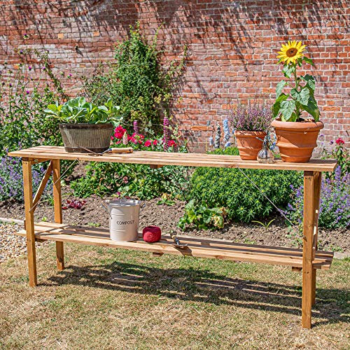 Lacewing 2 Tier 4ft Slimline Collapsible Wooden Staging for Garden Greenhouse Tool Storage Shelf Outside Strong Durable Treated Pine Wood 122cm x 35cm