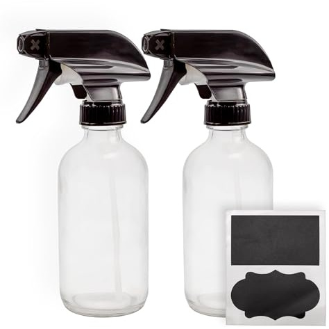 Cornucopia Brands 8-Ounce Clear Glass Spray Bottles (2-Pack); Boston Round Bottles w/ 3-Setting Adjustable Black Heavy Duty Sprayers & Chalk Labels