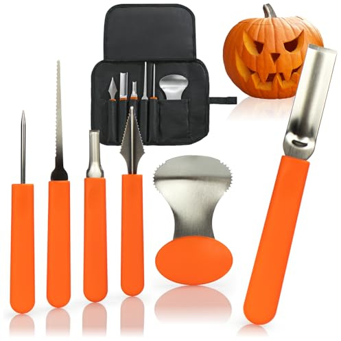 com-four® 6-teiliges Kürbis Schnitz-Set für Halloween - Schneide-Werkzeuge zum Aushöhlen von Kürbissen - Tasche mit Säge, Löffel, Schnitzwerkzeuge (6-teilig + Tasche - orange)
