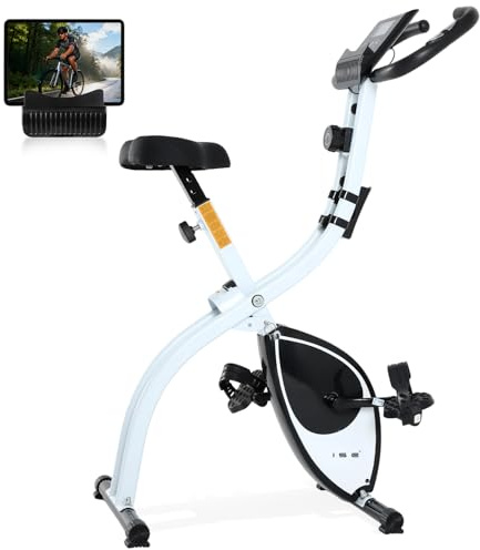 ISE Mini Vélo d'Appartement Pliable, Velo Appartement Pliable Cardio Training 8 Niveaux Résistance Magnétique Ecran LCD, Velo Interieur avec Capteur de Fréquence Cardiaque, Velo d appartement Blanc