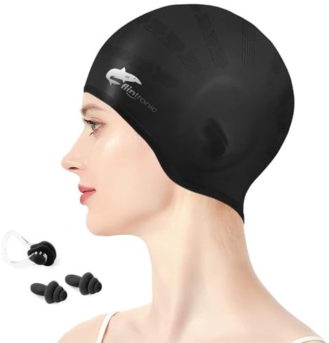 Flintronic Silikon Badekappe Ohrenschutz, Erwachsene Unisex Schwimmkappe für Lange Haar, hypoallergene wasserdichte Badekappen mit Ohrstöpsel&Nasenklemme für Damen, Herren, Kinder - Schwarz