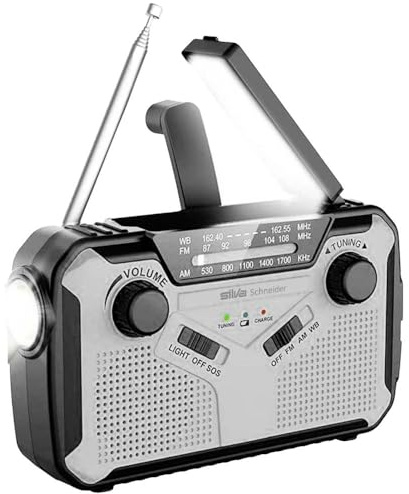 Silva Schneider SOS 112 Radio de Emergencia, USB Función de Carga de Teléfono Móvil, Sirena, Linterna, Lámpara de Lectura, Negro/Gris