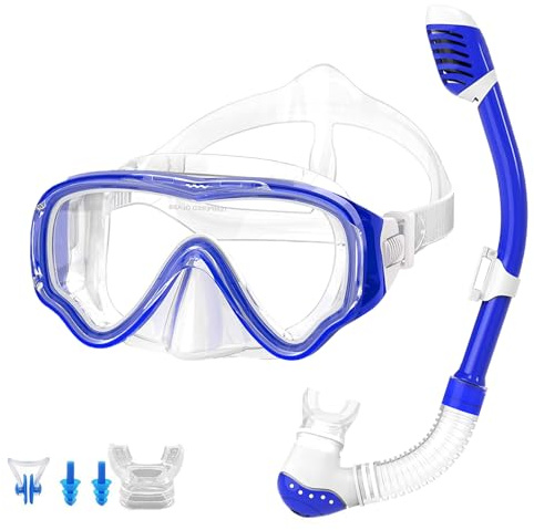 V VILISUN Snorkel Set Enfants, Masque de Anti-buée et Anti-Fuite, Verre Trempé Panoramique à Large Vue, Dry Top Snorkel, Ensemble de Plongée pour Enfants avec Pince-Nez et Bouchons d'oreille