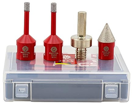 FOCSTOL Juego de Brocas Diamante - 4 piezas 6/6mm Fresa Diamante+20mm Brocas Chaflán Biselado+Adaptador de Vástago Hexagonal para Porcelanico Cerámica Mármol Granito M14 Rosca