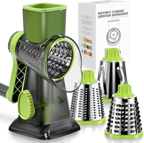 Badelite Cheese Grater Hand Crank Rotating Cheese Shredder Stainless Steel Vegetable Slicer Grater for Kitchen 3 Blades for Cheese, Carrot, Cucumber, Nuts, Chocolate, Green