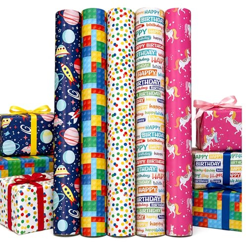 Geschenkpapier Kinder – 5 Rollen 70 cm x 2 m – Buntes Geschenkpapier Set für Kindergeburtstag – Geschenkpapier Jungen & Mädchen mit Einhorn, Weltraum, Konfetti & Happy Birthday