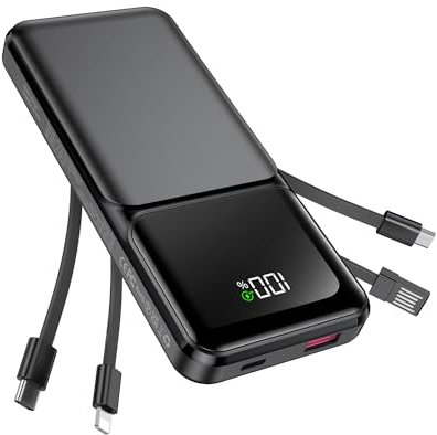 Power Bank 15,000mAh Built-in 4 Cables, Portable Charger USB C 22.5W Fast Charging Powerbank, PD20W Power Bank with LED Display for iPhone Samsung Huawei Outdoor