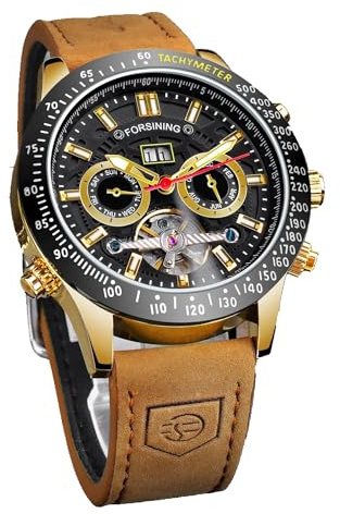 DAXIAOYU Montre chronographe automatique à tourbillon pour homme - Multifonction - Étanche - Bracelet tendance - Cuir véritable - Jour - Date - Mois - Calendrier complet, Marron/noir, Luxe :