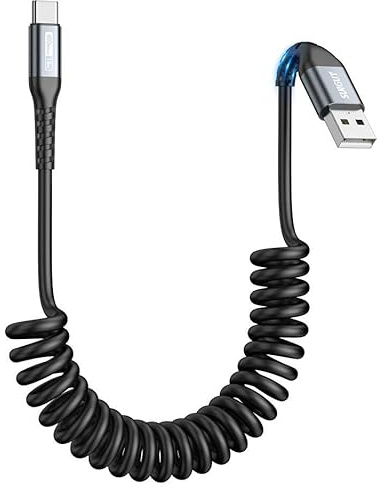 SUNGUY USB C Spiralkabel, 2M【‌Empfohlene Dehnlänge: 0.6–1.5m】 USB auf USB C Kabel und Datenkabel für Android Auto,Carplay,iPhone 16/15 Series,Galaxy S24 Ultra S23 FE S22 S21,Google Pixel, Xiaomi-Grau