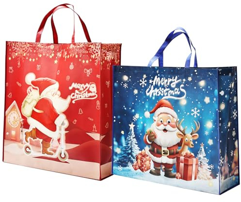 Jumbo-Größe Weihnachts-Tragetaschen: 2 Stück Vliesstoff-Geschenktüten, Weihnachts-Einkaufstaschen, groß, 60 x 55 x 20 cm, für Geschenkverpackung, Lieferung