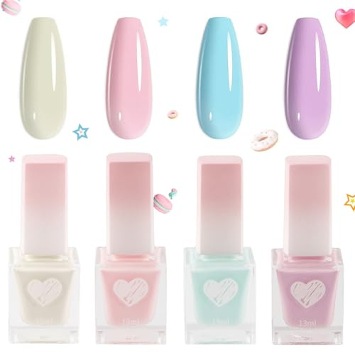 4 Farben Farblack Set - Wasserbasiert, Schnelltrocknend & Langanhaltend Nail Polish - Pastellfarben in Macaron Tönen, Ohne UV Lampe Trocknender Farblack für DIY zu Hause
