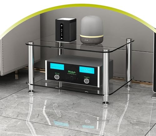 HAEKEBC 4-stöckiger Medienständer Aus Glas HiFi-Racks AV-Komponentenschrank Stereo-Rack Mit Regal Aus Gehärtetem Glas, Offene Medienablageregale Stereoschrank(35cm-13.7in)