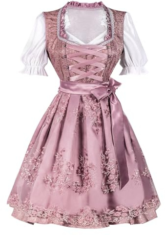 Dirndl Donna, Costume Bavarese Donna, Vestito Oktoberfest Lungo Dirndl Gonna Tradizionale Bavarese Vestito In Pizzo Rosa Retrò Moda Classico Fiaba Costumi In Maschera