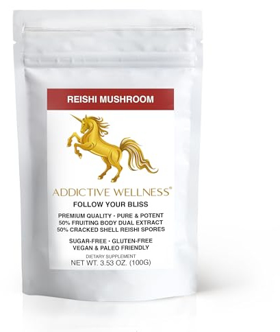 Addictive Wellness Reishi Mushroom Extract Powder + Spores (50/50 Blend) Wood Grown Pure & Potent Wildcrafted Ganoderma (100 Grams)
