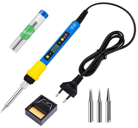 Lötkolben Set, 80W LCD Lötkolben mit einstellbaren Temperaturen 180-500°C, mit 8g Lötdraht, 3 Lötspitzen, Lötkolbenständer (Blau)