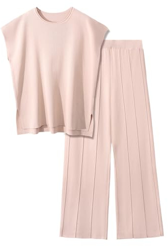 UMIPUBO Conjuntos Punto Mujer Verano 2 Piezas Casual Chandal Manga Corta Camiseta de Manga Corta Y Pantalones con Bolsillos Cómodo Pijama Moda Chándal Color Sólido Primavera (Rosa Acoplado, M)