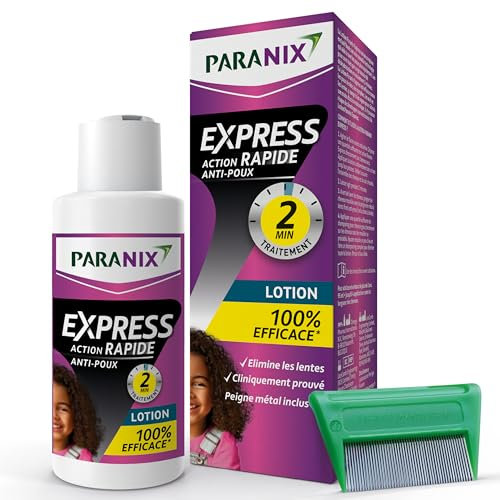 Paranix -Lotion Express 2 minutes 100% efficace contre les poux de tête- les nymphes et les œufs - lentes - 95 ml – Peigne fin en métal inclus