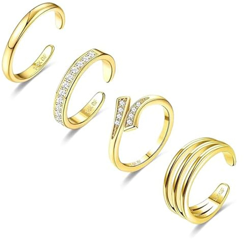 BelleVive Set med 4 st justerbara tåringar för kvinnor, 14 karat guldfyllda enkla söta tunna band hawaiianska strand-/sommarfottillbehör vattentäta gyllene tåringar, XL, Plast