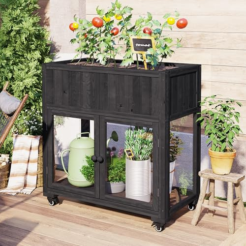 Patio 35.4''x17.7''x37.4'' Mini Wood Cold e, Compact 2 Doors GGreenhouse with Wheels, Raised Bed with Liner for Indoor Outdoor Use, Black