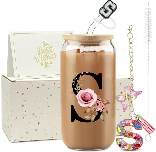 ZIOSINM Cadeau Femme Tasse Personnalisable Cadeau Anniversaire Femme | A-Z Lettre Verre avec Ouvercle et Paille + Porte-clés, 500 ml Verre Matcha Idee Cadeau Femme pour Noël ou Saint-Valentin